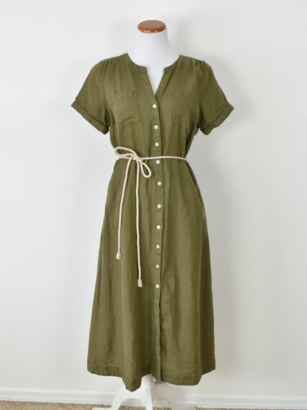 Talbots Olive Green Linen Button Down Midi Dress - 8